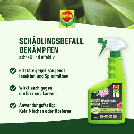 COMPO Pest-free plus AF - Izsmidzinātājs pret laputīm, zvīņkājiem, rupjmaizēm, bukskoku kodēm utt. - dekoratīvajiem augiem un sēkleņiem - 500 ml - gatavs lietošanai insekticīds