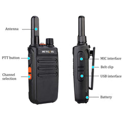 Retevis RB635 divvirzienu rācija ar lukturīti, PMR446 bezlicencēts radio, liela darbības rādiusa, mini divvirzienu rāciju komplekts ar USB kabeli, rācijas ar VOX ģimenes pastaigām, kempingam (melns, 2 iepakojumi)