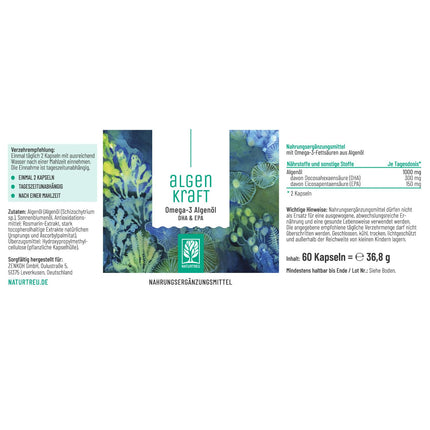 NATURTREU® Algenkraft - Vegānisks Omega 3 no aļģu eļļas – 1000 mg Omega 3 aļģu eļļas no ilgtspējīgām kultūrām – Mikroaļģu eļļa ar augstu DHA un EPA devu optimālā attiecībā – Laboratorijā pārbaudīts