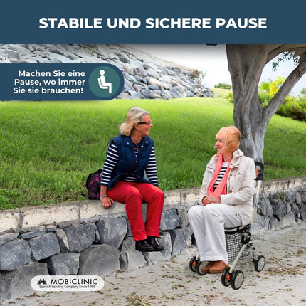 Mobiclinic®, iepirkšanās ratiņu rullītis, gājējs ar lielu iepirkumu maisiņu un sēdekli, 21L, salokāms, viegls, iepirkumu grozs, dubultā bremžu sistēma, staigāšanas palīgierīce, izgatavots no tērauda, ​​stabils