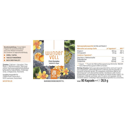 Augstas devas cinks 25 mg - trīskāršā C vitamīna cinka kapsulas - 90 dienu piegāde - vegāns - ražots Vācijā un laboratorijā pārbaudīts - NATURTREU® Wundervoll