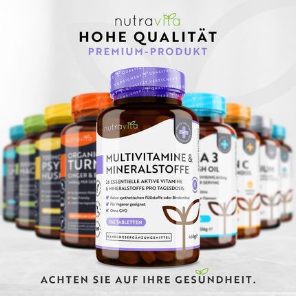 Multivitamīni un minerālvielas - 365 tabletes ar augstu devu ar bioaktīvām formām un augstākās kvalitātes izejvielām - Neatkarīgi laboratorijā pārbaudītas - vegānas, multivitamīnu tabletes ar 26 aktīviem vitamīniem