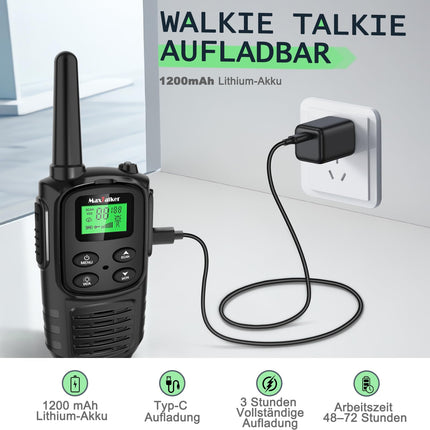 MaxTalker MT10 uzlādējama rācija pieaugušajiem un bērniem, 1200 mAh litija jonu akumulators, USB-C kabelis, LED lukturītis, VOX radioaparāti pārgājieniem un kempingam, 4 gabalu komplekts