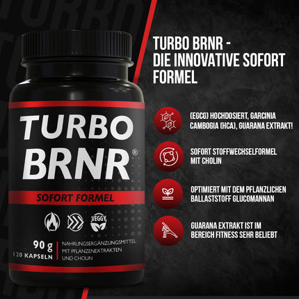 BRNR TURBO BRNR tūlītējas vielmaiņas formula ar holīnu, zaļās tējas ekstraktu, glikomanānu, garciniju, guarānu, 120 kapsulas