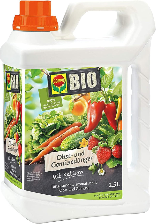 COMPO BIO augļu un dārzeņu mēslojums - organiskais šķidrais mēslojums augļiem un dārzeņiem - kālija mēslojums - 2,5 litri