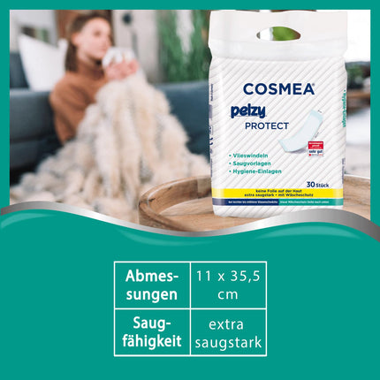 Cosmea Pelzy Protect neaustās autiņbiksītes/absorbējošie ieliktņi sievietēm pēcdzemdību periodā ikdienas aprūpei, īpaši absorbējoši, izdevīgs iepakojums (10 x 30 gabali) Nesaturēšanas un pēcdzemdību ieliktņi
