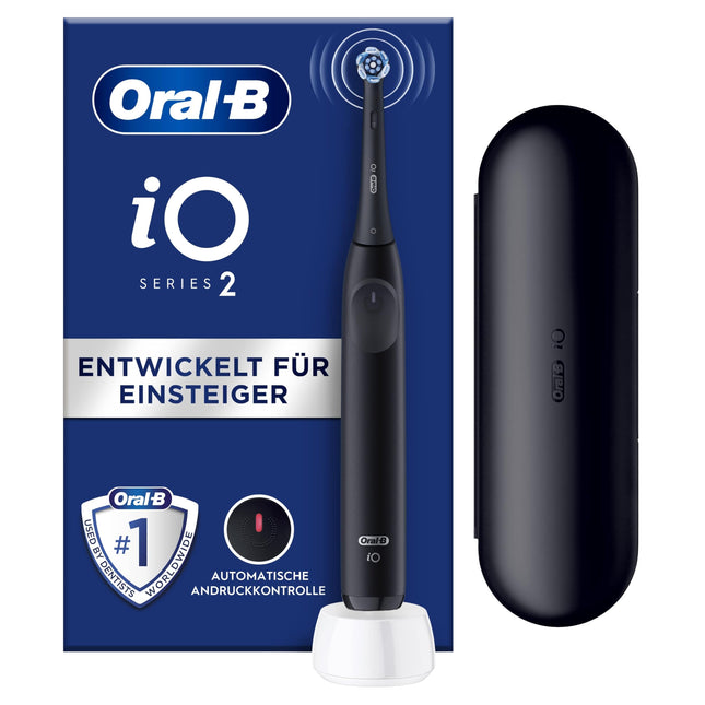 Oral-B iO Series 2 elektriskā zobu birste, 1 birstes galviņa, 3 tīrīšanas režīmi, magnētiskā tehnoloģija, ceļojumu maciņš, Braun dizains, naktsmelna