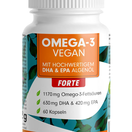 Omega-3 vegan FORTE - 60 kapsulas - 2000 mg aļģu eļļas dienā - augsta deva ar 630 mg DHA + 420 mg EPA - vegānas Omega-3 aļģu eļļas kapsulas - DHA:EPA attiecība 3:2 - laboratoriski pārbaudīts ar analīzes sertifikātu