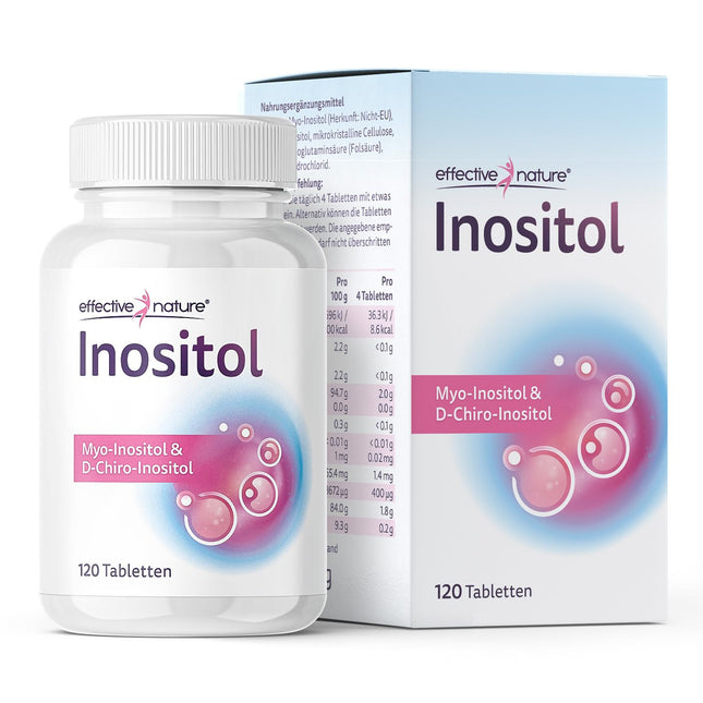 Effective Nature inozitola tabletes – mio- un D-hiro-inozitols optimālā attiecībā – ar 400 µg folskābes dienā – vegānas un bez piedevām – 120 tabletes