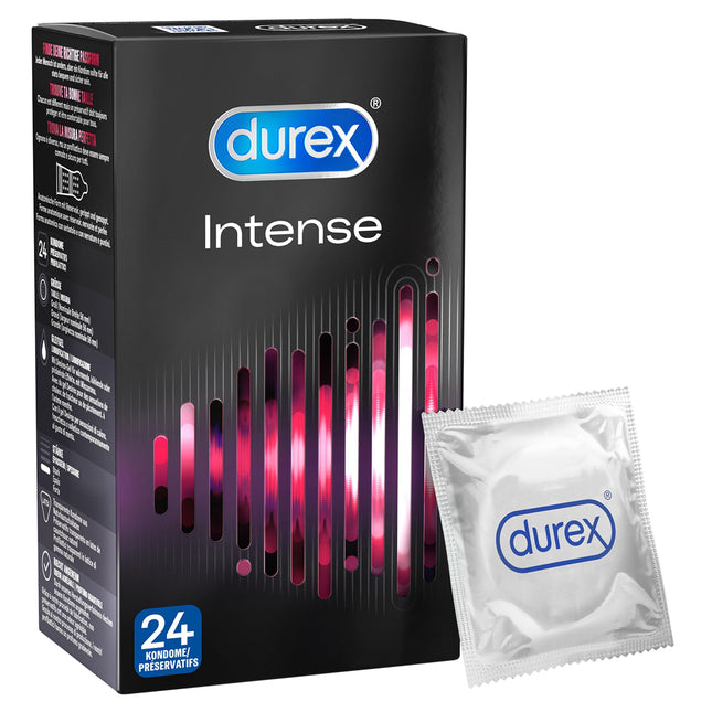 Durex Intense Orgasmic prezervatīvi, rievoti un punktēti prezervatīvi ar stimulācijas želeju (24 gab. iepakojumā)