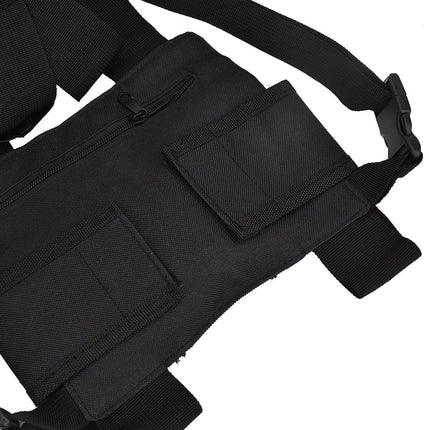 Rācijas krūšu siksna ar regulējamu kabatu, priekšējā kabata, radio krūšu siksna ar atstarojošām svītrām, āra veste, piemērota policijai, ražošanas darbnīcām, būvlaukumiem.