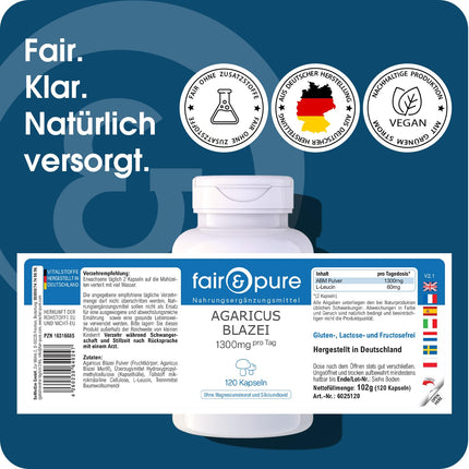 Fair &amp; Pure® - Agaricus Blazei 1300 mg - 120 kapsulas - ABM - Agaricus Blazei Murill - ārstnieciskās sēnes - vegānas - dabīgas - bez magnija stearāta