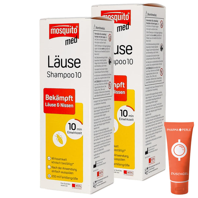 Mosquito med Lice Shampoo 10, 2 x 200 ml | Apkaro galvas utis un gnīdas | Praktisks pielietojums | Utu līdzeklis | Ģimenes lielums | Izdevīgs iepakojums plus Pharma Perle dāvana (2 x 200 ml)