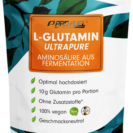 L-glutamīna pulveris 500g vegāns, optimāli augsta deva un bezgaršīgs, L-glutamīns bez piedevām, īpaši tīrs ar vairāk nekā 99,9% tīrību, no fermentācijas, laboratorijā pārbaudīts, piegādā 50 dienas