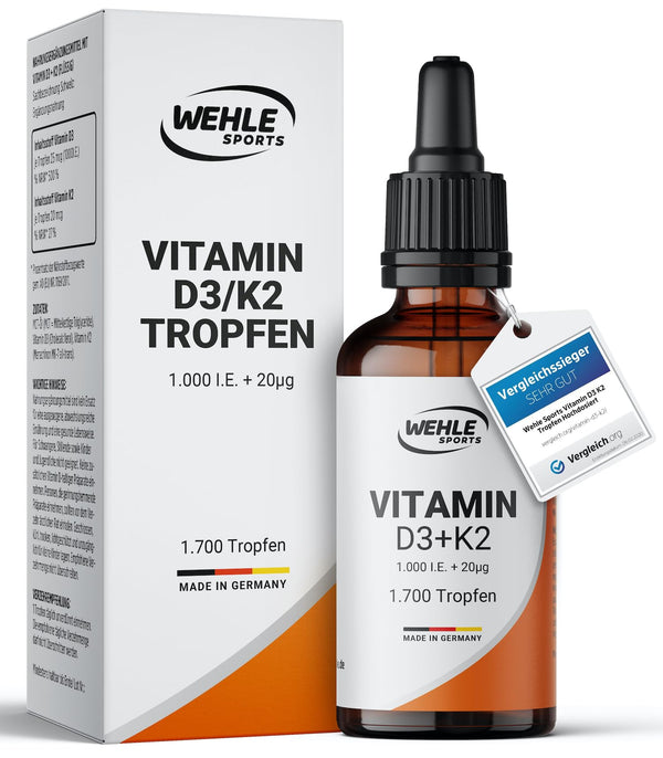 D3 K2 vitamīna pilieni augstā devā [1000 SV] - D3 K2 vitamīns augstā devā - D K2 vitamīns - D3 K2 vitamīna eļļa - D3 K2 vitamīns 1000 SV - 50 ml 1700 pilieni - Augsta biopieejamība - LABORATORIJAS TESTĒTS Wehle Sports®