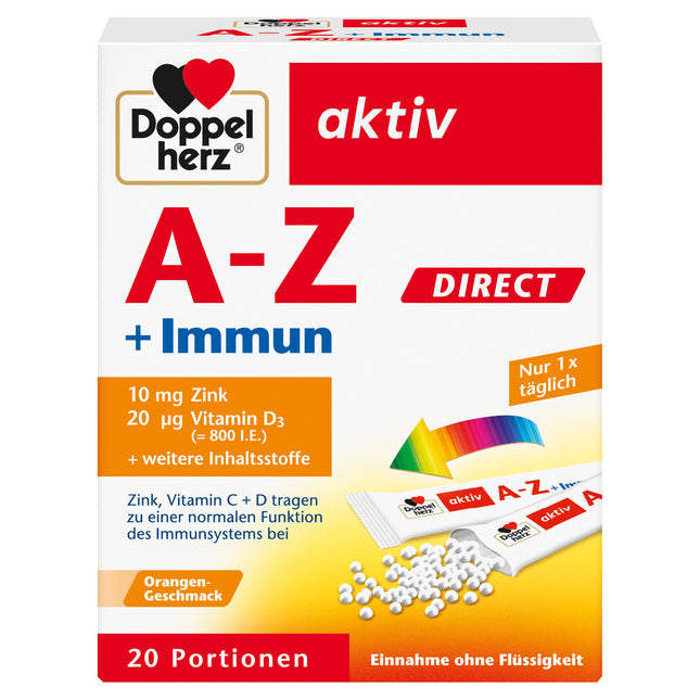 Doppelherz A–Z + Immun DIRECT – Ar cinku, B12 vitamīnu, C un D vitamīnu, kas veicina normālu imūnsistēmas darbību – Šķidrums, 20 paciņas
