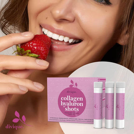 Divique kolagēna dzeršanas ampulas ar hialuronskābi (30 gab.) - 4000 mg kolagēna + 100 mg hialuronskābes - ar C vitamīnu, biotīnu, cinku, varu, selēnu - saldinātas ar ziedu medu un stēviju - zemeņu garša