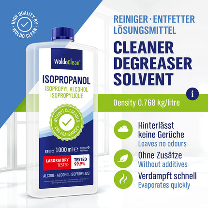 Izopropanola 99,9% tīrīšanas spirts un attaukošanas līdzeklis - 1000 ml mājsaimniecībai, darbnīcām, elektronikai, stiklam, plastmasai un metālam