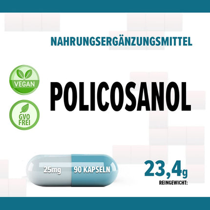 Policosanol 25mg 90 vegāniskas kapsulas, laboratoriski pārbaudītas, bez ĢMO, bez pildvielām vai piedevām