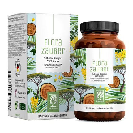 NATURTREU® Florazauber kultūru komplekss ar zarnās šķīstošu apvalku un vegāns - 23 baktēriju celmi bez inulīna - komplekss ar laktobacilām un bifidobaktērijām, 60 kapsulas