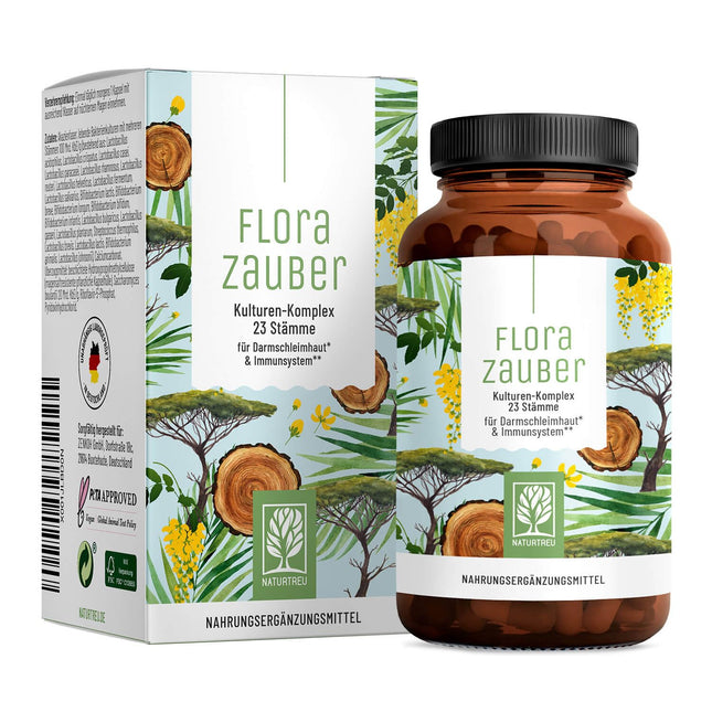 NATURTREU® Florazauber kultūru komplekss ar zarnās šķīstošu apvalku un vegāns - 23 baktēriju celmi bez inulīna - komplekss ar laktobacilām un bifidobaktērijām, 60 kapsulas