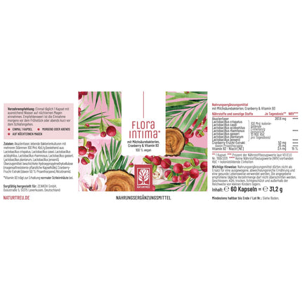 Kultūru komplekss sieviešu intīmajai florai * ar 100 miljardiem CFU/g - ar pienskābes baktērijām, dzērvenēm un B - 7 Lactobacillus celmiem Floraintima no NATURTREU®