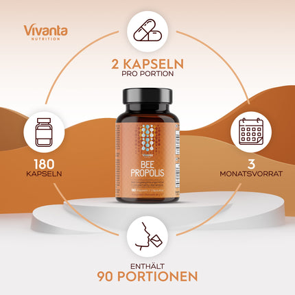 Bišu propolisa kapsulas — 2000 mg propolisa ekvivalents vienā porcijā — 180 kapsulas (3 mēnešu krājumi) — 400 mg dabīga 5:1 bišu propolisa ekstrakta x 90 porcijas