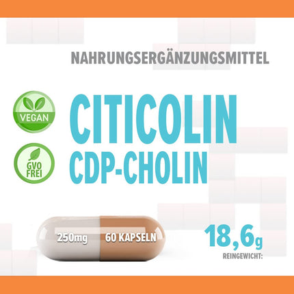 Citicoline CDP holīns 250 mg 60 vegāniskas kapsulas, laboratoriski pārbaudītas, augstas koncentrācijas, bez pildvielām vai palielinātājiem, bez ĢMO
