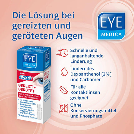 EyeMedica Irritated + Reddened acu pilieni saspringtu acu simptomu mazināšanai, rūpējas par apsārtušām, iekaisušām un sausām acīm, piemēroti kontaktlēcu lietotājiem, 1 x 10 ml
