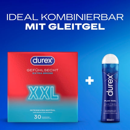 Durex Feeling XXL prezervatīvi – plāni prezervatīvi ar lielu piegriezumu un samitrināti ar silikona lubrikantu, caurspīdīgi, patīkama smarža – ērtai piegulšanai – 30 gab. iepakojumā (1 x 30 gab.)