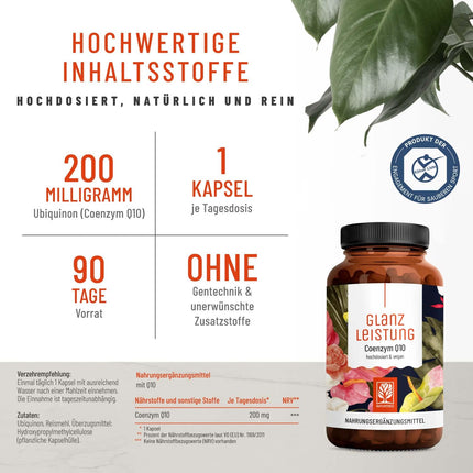 NATURTREU® Glanzleistung - koenzīma Q10 kapsulas ar lielu devu 200 mg vienā kapsulā - 90 vegānas kapsulas 3 mēnešiem - tīrs ubikinons no augu fermentācijas