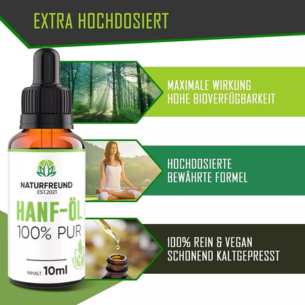 NATURFREUND® Premium kaņepju eļļa AUGSTAS DEVAS kaņepju sēklu eļļa Omega 3-6-9 eļļa taukskābes dabīgā eļļa - ražota Vācijā - 10 ml