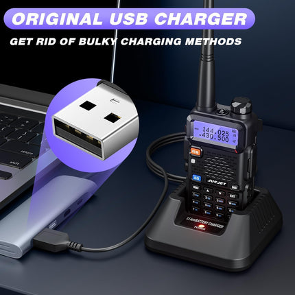 JUCJET 5R uzlādējamas rācijas pieaugušajiem, liela darbības rādiusa divvirzienu rācija pieaugušajiem ar 128 atmiņas kanāliem, VOX, USB uzlādes stacija, austiņas (melnas, 2 gab. iepakojumā)