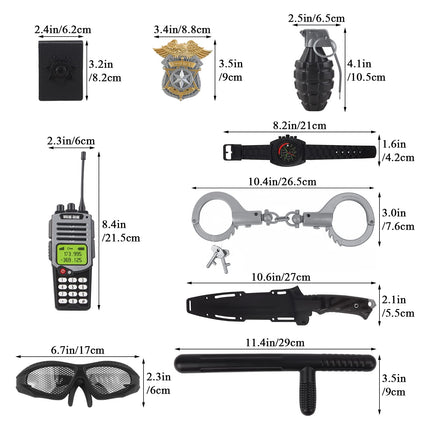deAO policijas lomu spēles komplekts bērniem, policijas kostīms bērniem ar vesti, ķiveri, rotaļu granātām, roku dzelžiem, rāciju, policijas rotaļlietas bērniem zēniem karnevālam Helovīnam