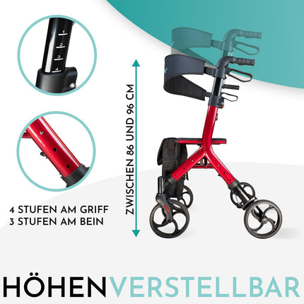 Mobility Plus+ dizaina rollators DR10+ sarkans — paredzēts lietošanai iekštelpās un ārā, plāns un salokāms — regulējams augstumā staigāšanas palīglīdzeklis senioriem ar muguras siksnu un somu — iekšējās bremžu troses bez kaitinošām trosēm