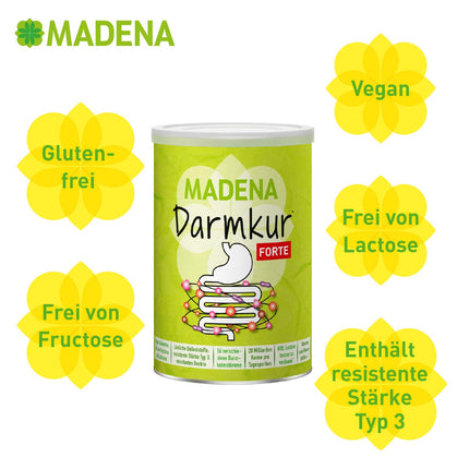 MADENA Darmkur Forte, 20 miljardi zarnu baktēriju vienā porcijā, šķiedrvielas, 3. tipa rezistenta ciete, kukurūzas dekstrīns, 16 baktēriju celmi, augsta deva, multivitamīni, vegāns