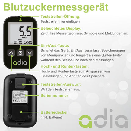 Adia asins glikozes mērītājs (mmol) ar 60 asins glikozes testa strēmelītēm, 10 lancetēm, 1 lancetes ierīci, 1 maciņu, vērtību komplektu asins glikozes paškontrolei diabēta gadījumā