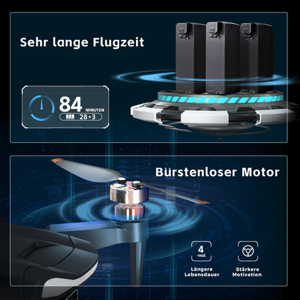 Izturīgs bezkontaktu motora drons ar 84 minūšu īpaši ilgu lidojuma laiku, drons ar 4K HD kameru iesācējiem, CHUBORY A77 WiFi FPV kvadrokopters, sekošanas režīms, automātiska nolaišanās, 3 baterijas, pārnēsāšanas soma