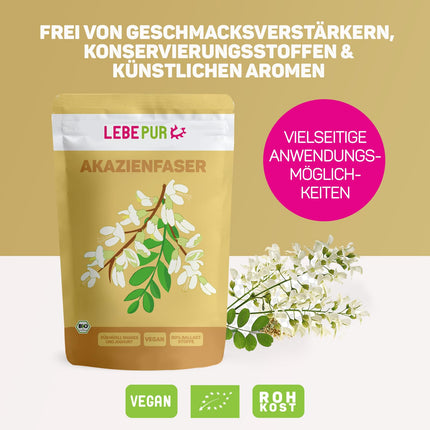 Lebepur organiskā akācijas šķiedra vegānam 125 g, 90% šķiedrvielu, bez garšas un smaržas, akācijas šķiedras pulveris, bez glutēna, bez piedevām, augsts šķiedrvielu saturs ar 90 g uz 100 g