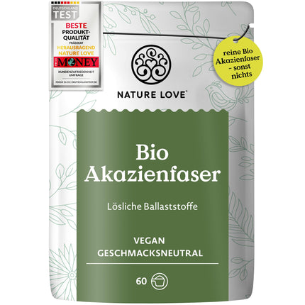NATURE LOVE® Organiskais akācijas šķiedras pulveris – 360 grami – 80% šķiedrvielu, šķīstošs, bezgaršīgs un daudzpusīgs – 60 porcijas – vegāns, laboratorijā pārbaudīts un ražots Vācijā