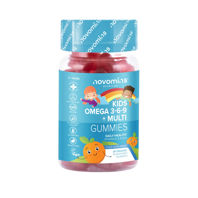Bērnu Omega 3 6 9 gumijas konfektes – D vitamīns un E vitamīns – Vegāniskas Omega 3 taukskābes – 1 mēneša deva – Košļājamas uztura bagātinātāja tabletes – Uz augu bāzes veidota alternatīva zivju eļļai – Novomins bērnu vitamīni