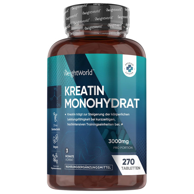Kreatīna monohidrāta tabletes - 3000 mg vienā porcijā - 270 vegāniskas kreatīna tabletes - 3 mēnešu krājumi - kreatīns - kapsulu un pulvera alternatīva - bez glutēna un magnija stearāta - WeightWorld