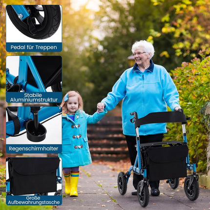 FANTASK 2-in-1 rollators ar pneimatiskajām riepām un sēdekli līdz 160 kg, salokāms un viegls alumīnijs ar somu un spieķa turētāju, staigāšanas palīglīdzeklis ar 6 virzienu augstuma regulēšanu, ratiņkrēsls un ceļojumu rollators (zils)