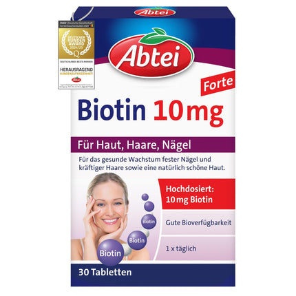 Abtei Biotin 10 mg Forte - Ādai, matiem un nagiem - Ar 10 mg biotīna - augsta deva, bez glutēna, piemērots veģetāriešiem - 30 tabletes
