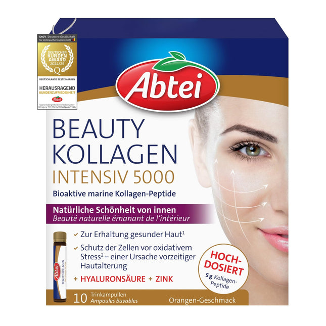 Abtei Beauty Collagen Intensive 5000 - mazāk redzamām grumbām - ar 5 g kolagēna peptīdu, hialuronskābi, cinku un C vitamīnu - bez cukura - 10 dzeršanas ampulas