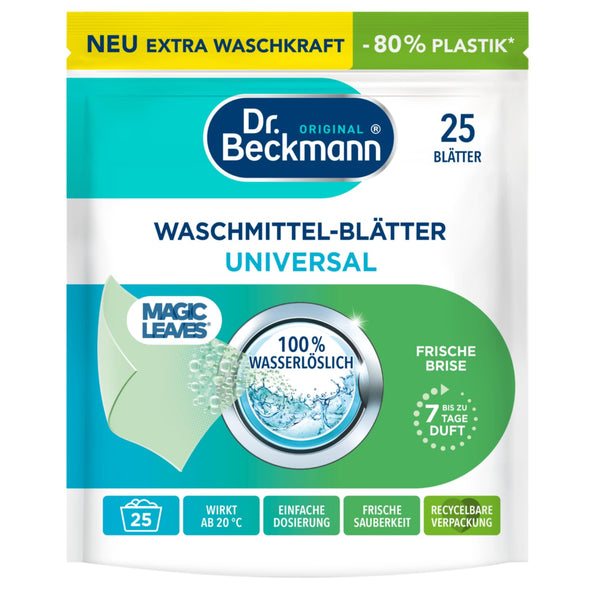 Dr. Beckmann MAGIC LEAVES veļas mazgāšanas līdzeklis atstāj UNIVERSAL | iepriekš dozētas un ūdenī šķīstošas ​​mazgāšanas lupatiņas | vietu taupošs un viegli lietojams | 25 loksnes