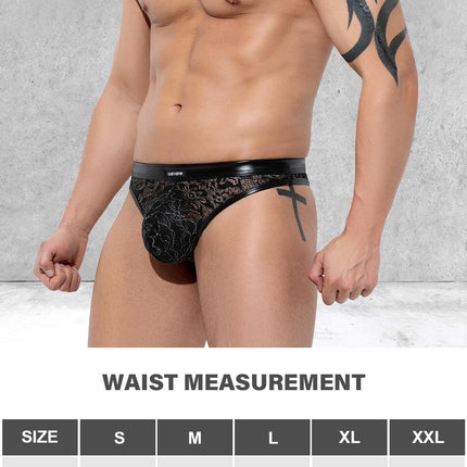 Casey Kevin string tanga vīriešu mežģīņu stringi vīriešiem caurspīdīga PU ādas apakšveļa mitrā izskata G-string bikini ar T-veida muguru