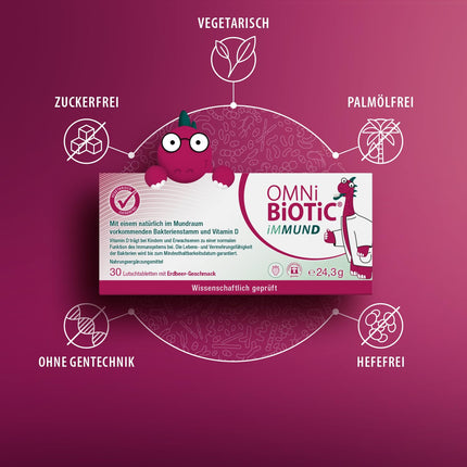 OMNi BiOTiC IMŪNSISTĒMA | 60 pastilas | 1 baktēriju celms | 1 miljards baktēriju vienā pastilā | D vitamīns | Veģetārietis | Bez cukura | Ikdienas lietošanai | Pieaugušajiem un bērniem