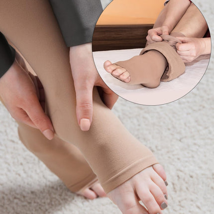 Medicīniskās kompresijas zeķes ar atvērtu purngalu sievietēm un vīriešiem 20-30 mmHg 2. klase, S-4XL izmērs, kompresijas zeķes, atbalsta zeķes varikozām vēnām, tūskai (bēša, M)