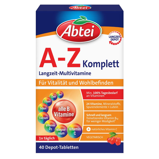 Abtei AZ pilnvērtīgi ilgtermiņa multivitamīni - 24 vitamīni un minerālvielas - augsta deva, veģetārs - 40 depo tabletes